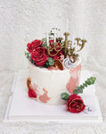 Elegant Red x Gold Floral Cake with Chandelier